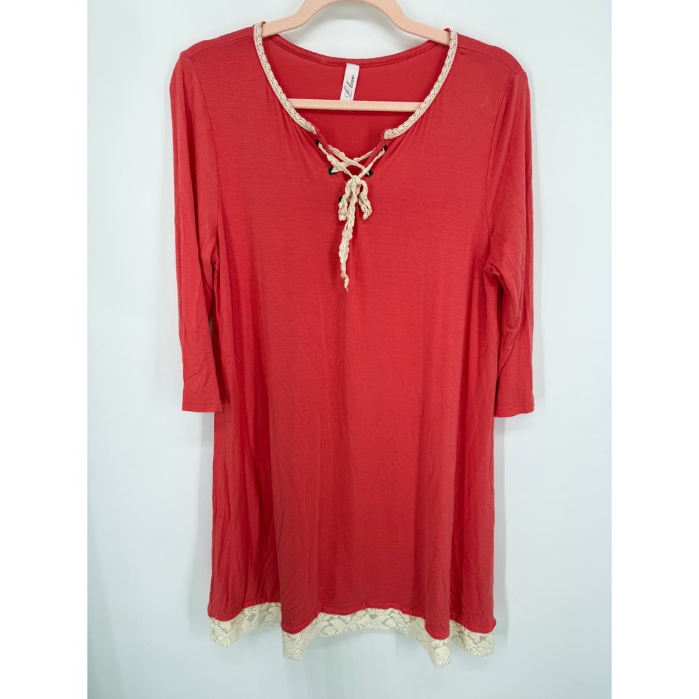 L Love Tunic Top Dress Women Size S Red Lace Trim Lace Up Front 3/4 Sleeve